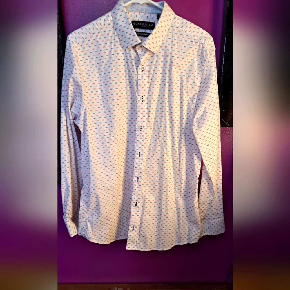 Nick Graham Large Men's White with Blue and Red Pattern Button Up.